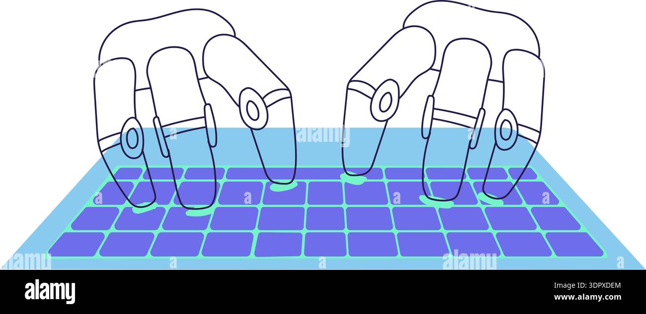 Blue And Turquoise AI Technology Doodle Outline Sticker With Robots Hands On Keyboard. Bright Flat Icon Stock Vector