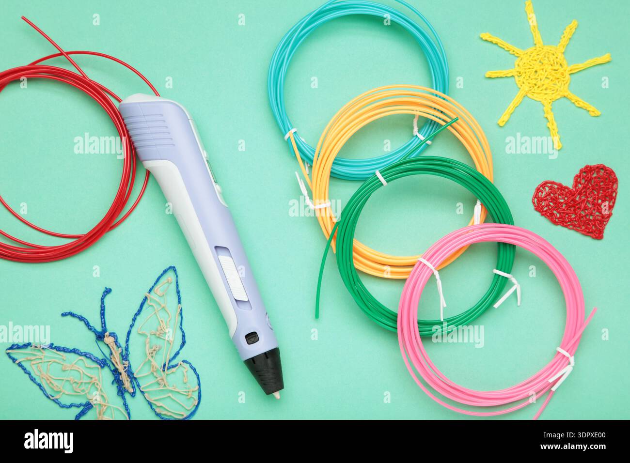 3d handle pen and 3d painting figures on mint background Stock Photo