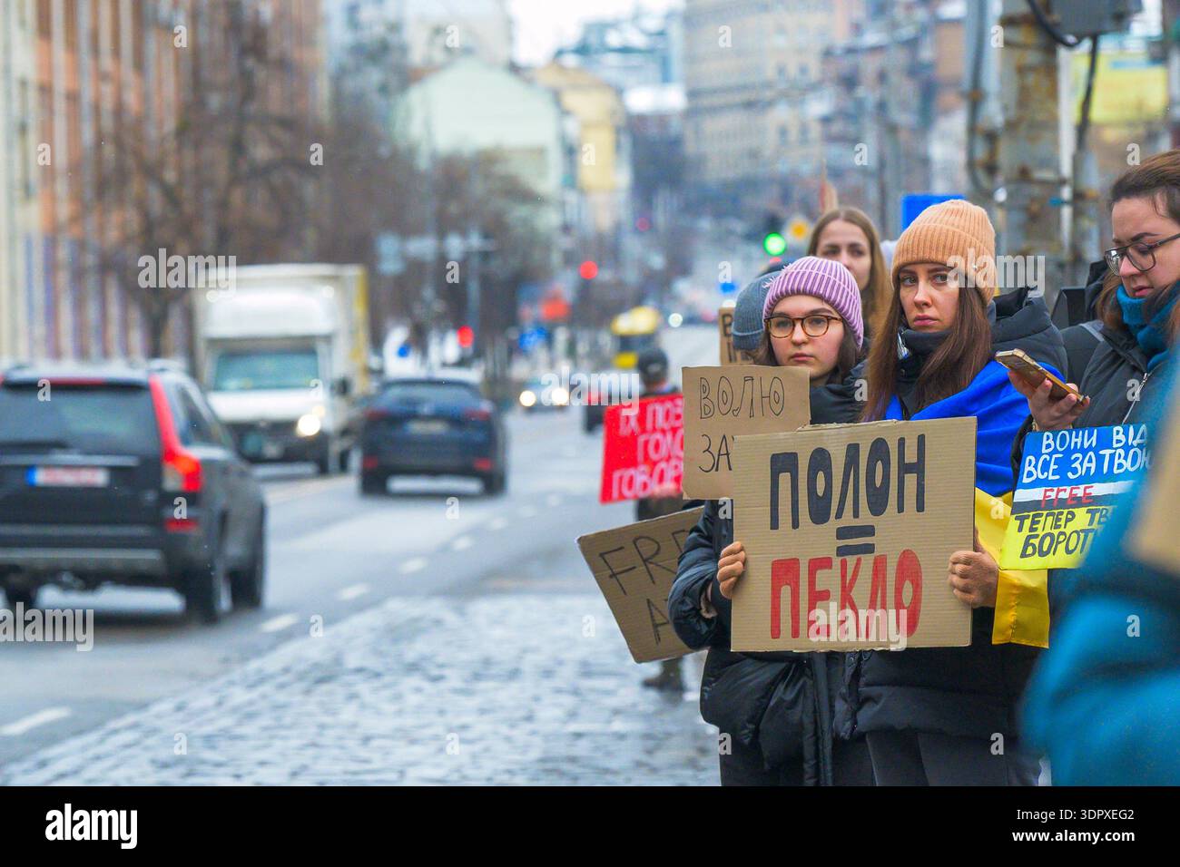 Kyiv, Ukraine - 16th February,2026: Ukrainian women holding signs ...