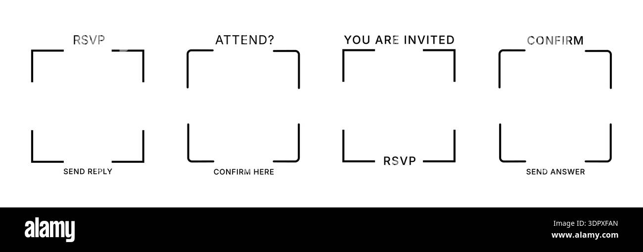 RSVP QR Code Frame Collection, confirm and invitation text. Stock Vector