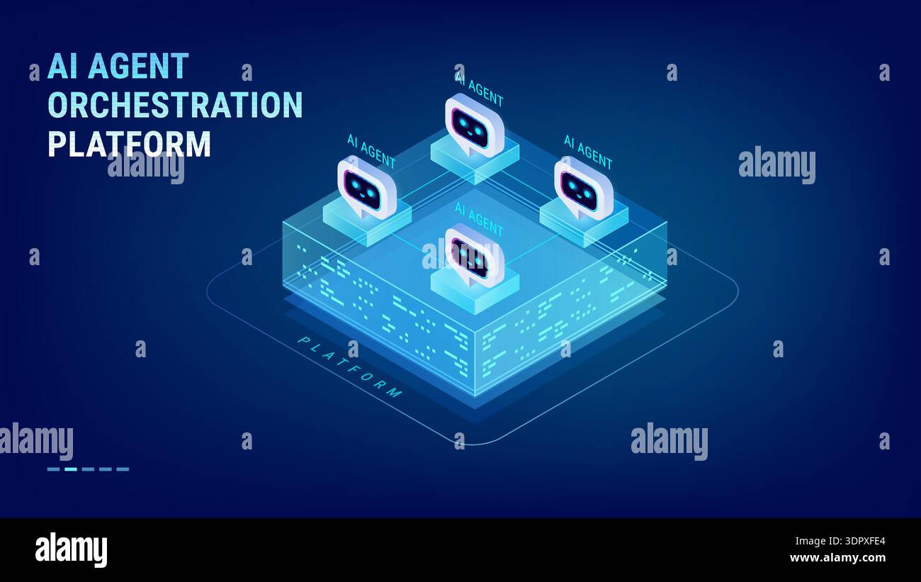 AI Agent Orchestration Platform concept - platform with connected AI agents enterprise diagram - isometric vector Stock Vector