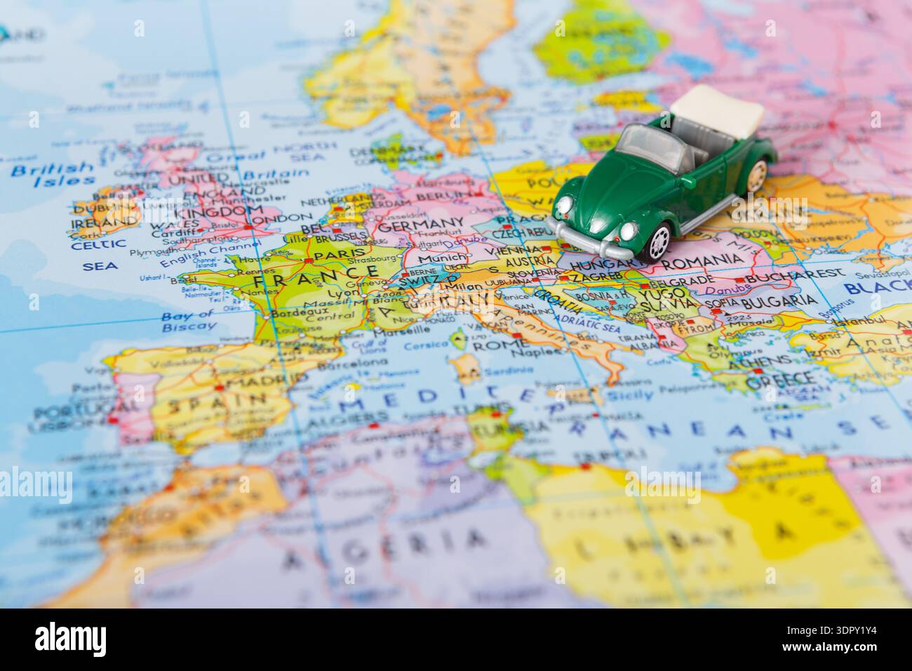 Map of Europe With a Green Toy Car on France Showing Travel Plans and ...
