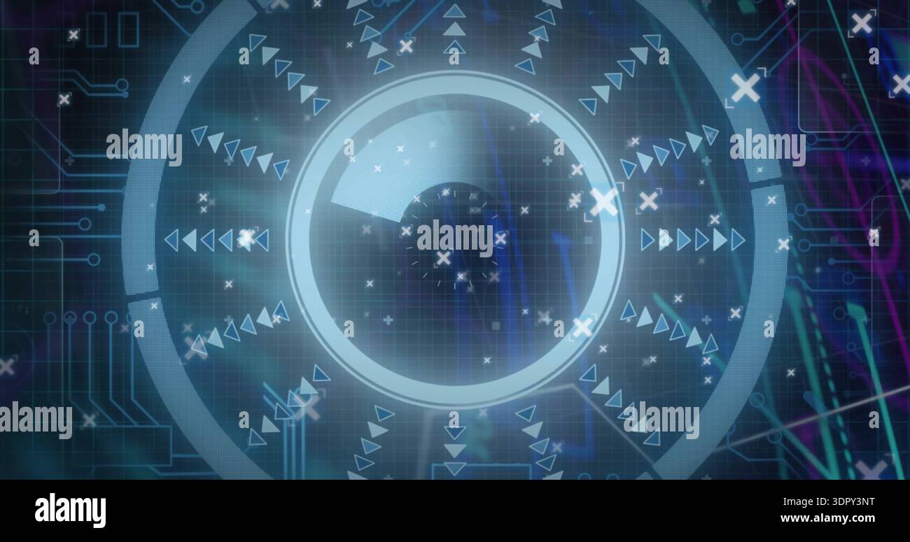 Displaying centered HUD circle pulsing in virtual interface, showing concentric rings, grid, neon Stock Photo