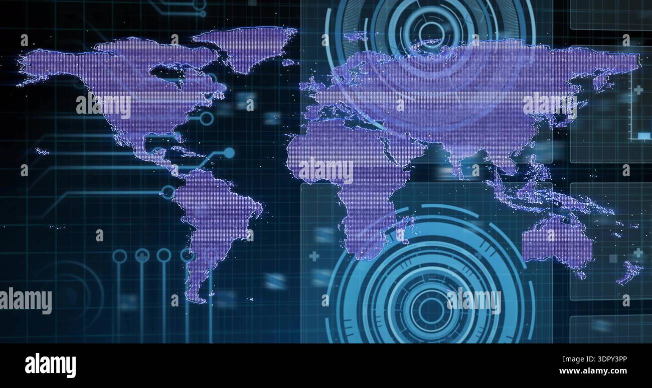Displaying stylized world map with purple continents on digital HUD ...