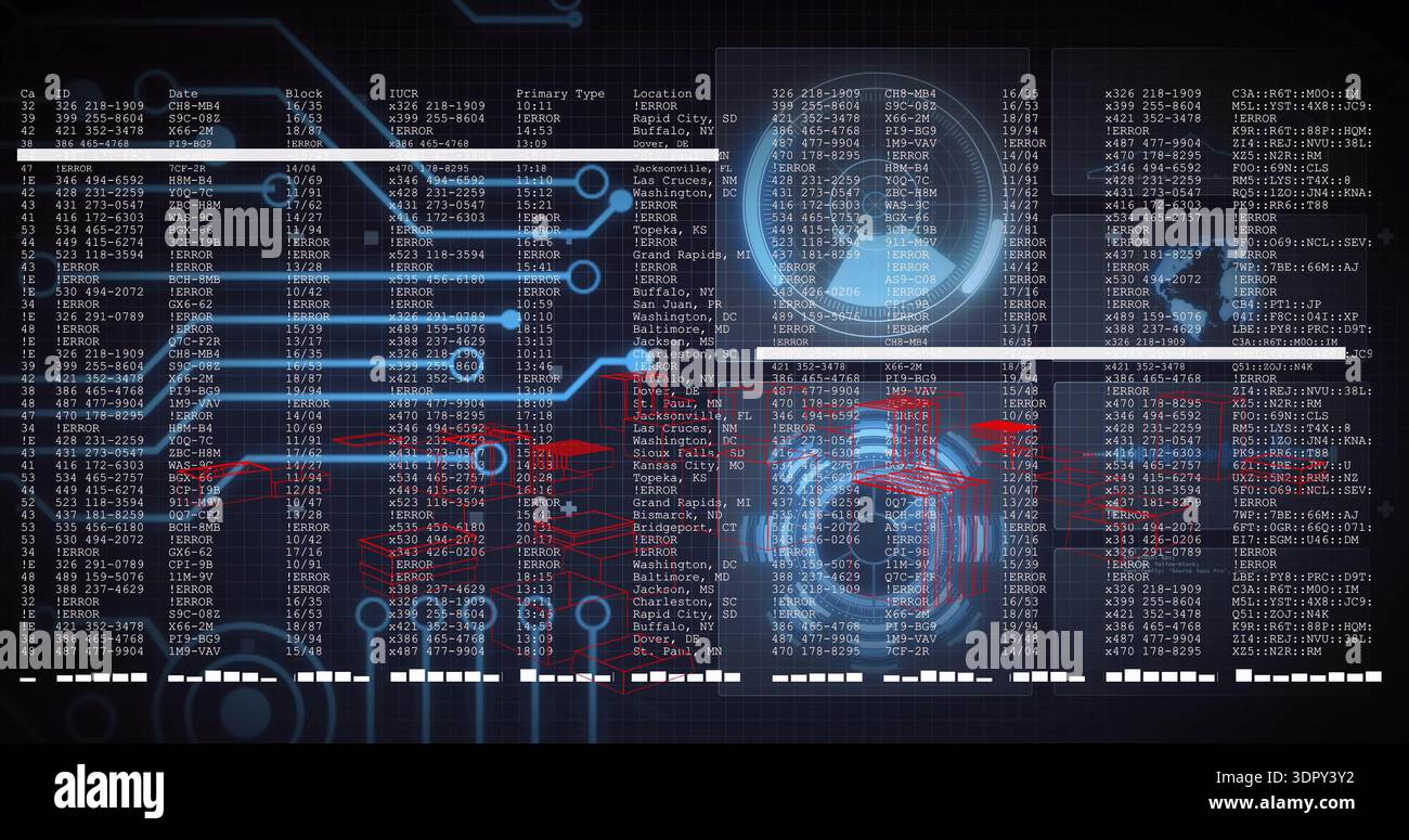 Displaying digital dashboard HUD on dark grid, showing monospaced data, blue traces, ERROR labels Stock Photo