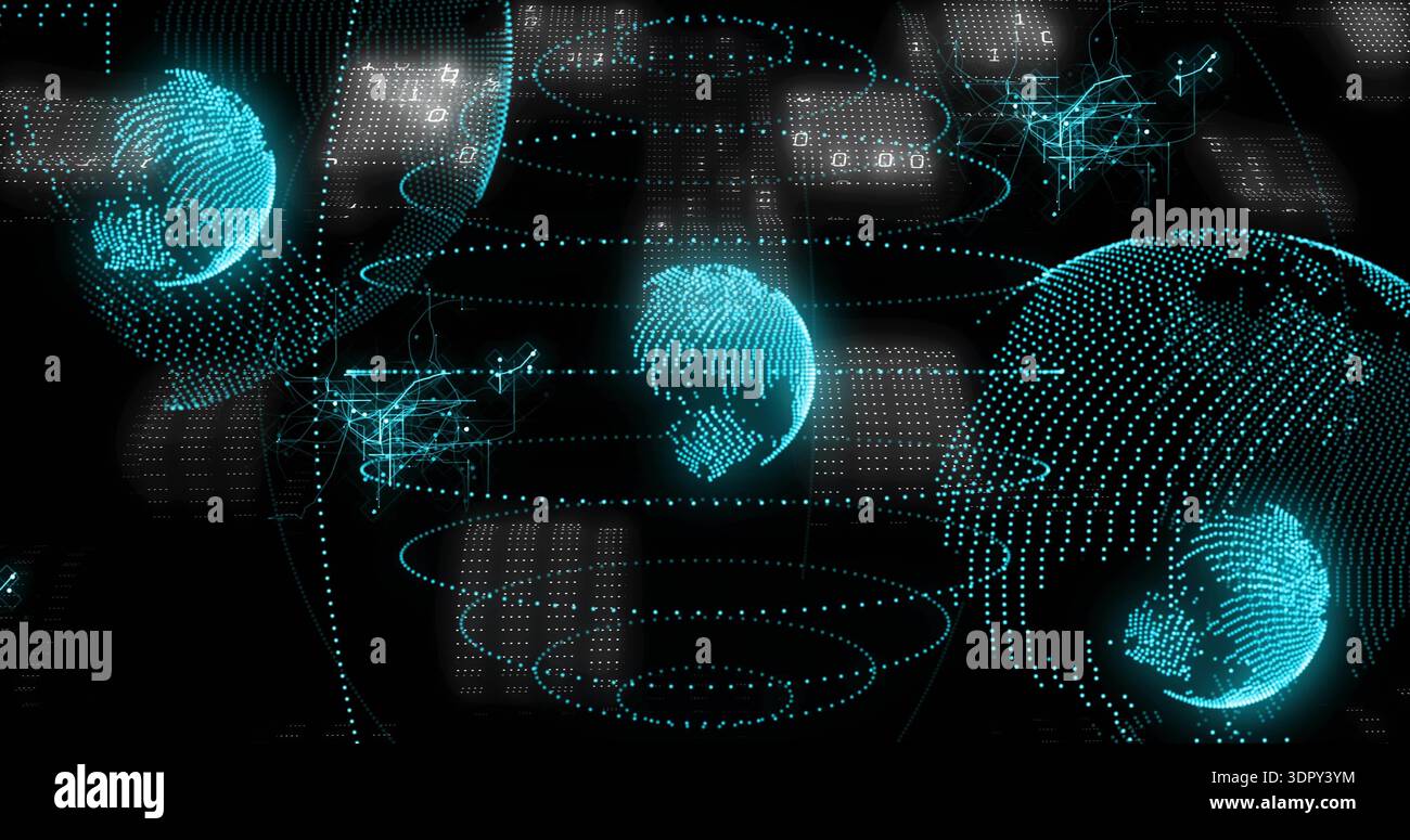 Rotating large holo dotted globe on right, hovering in data space with concentric rings, dot-grids Stock Photo