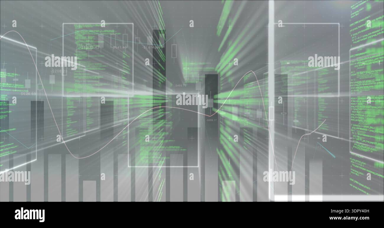 Displaying abstract virtual dashboard showing HUD panels, bars, candles, white wave, green code Stock Photo