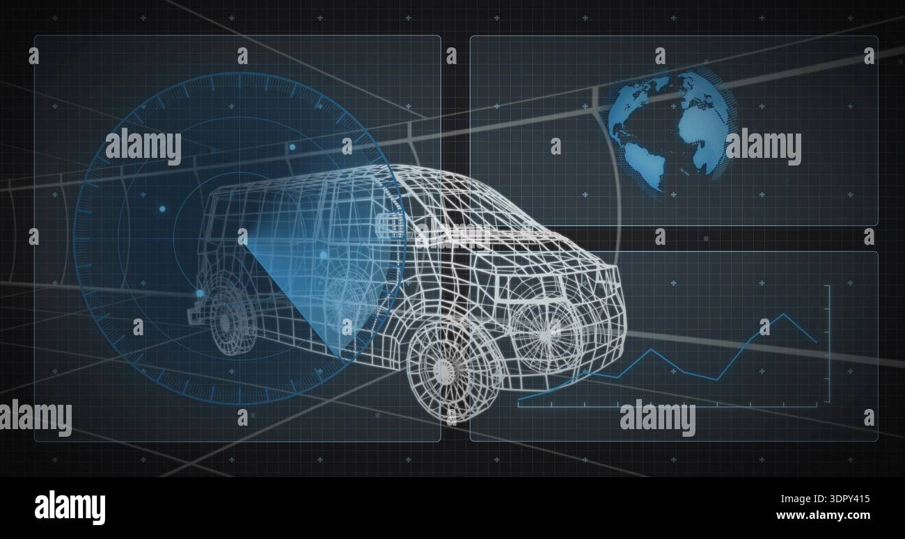 Displaying wireframe passenger van projecting triangular blue sensor cone on dark grid with radar Stock Photo