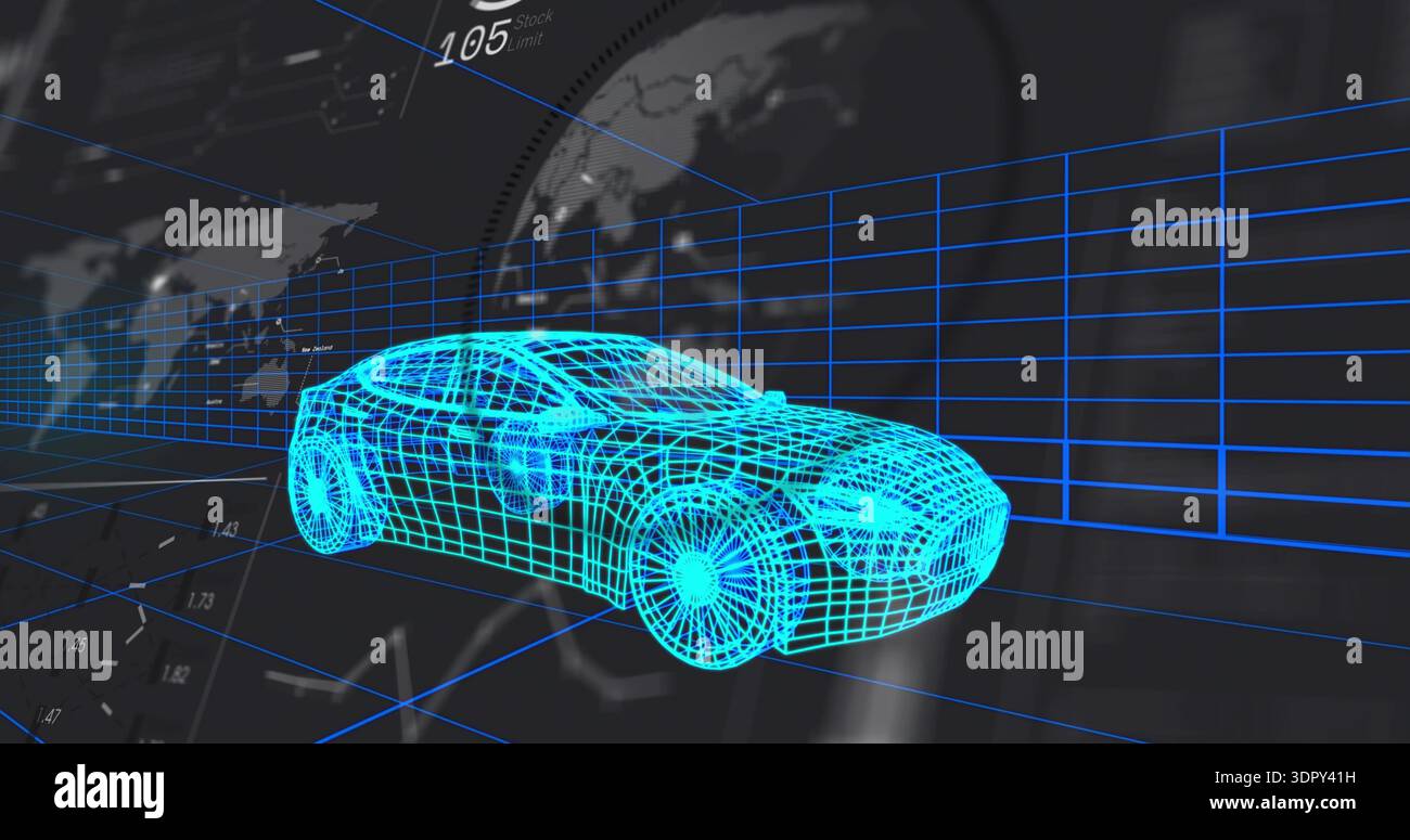 Floating cyan wireframe car rotating with wireframe wheels over virtual 3D grid, with data readouts Stock Photo
