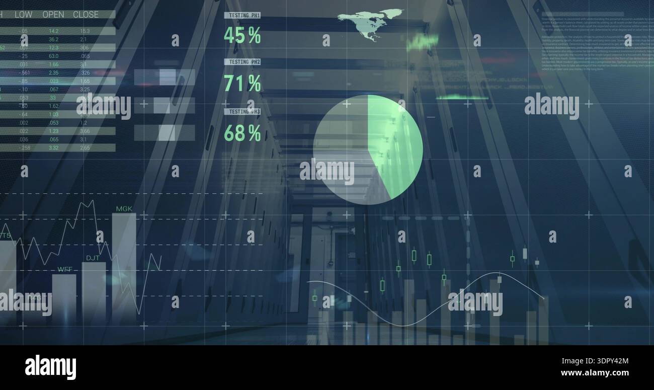 Displaying translucent HUD overlay showing analytics in data center aisle with racks, pie chart Stock Photo