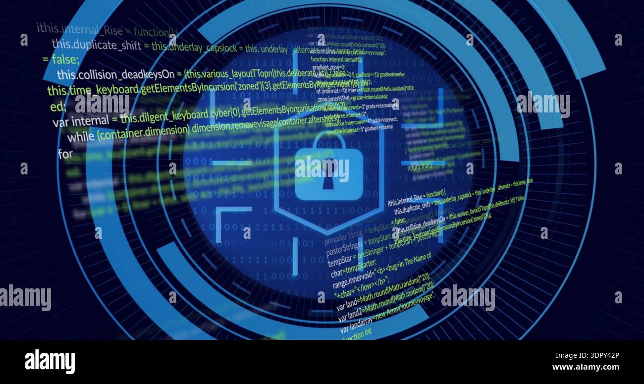 Displaying hexagonal shield with padlock glowing in cyber dashboard with HUD rings and flowing code Stock Photo