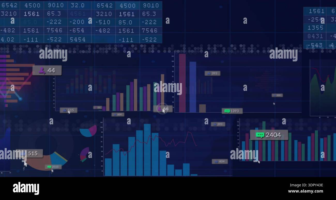 Displaying dark blue analytics screen showing bars, histogram, pie, numeric table, timeline, cursor Stock Photo