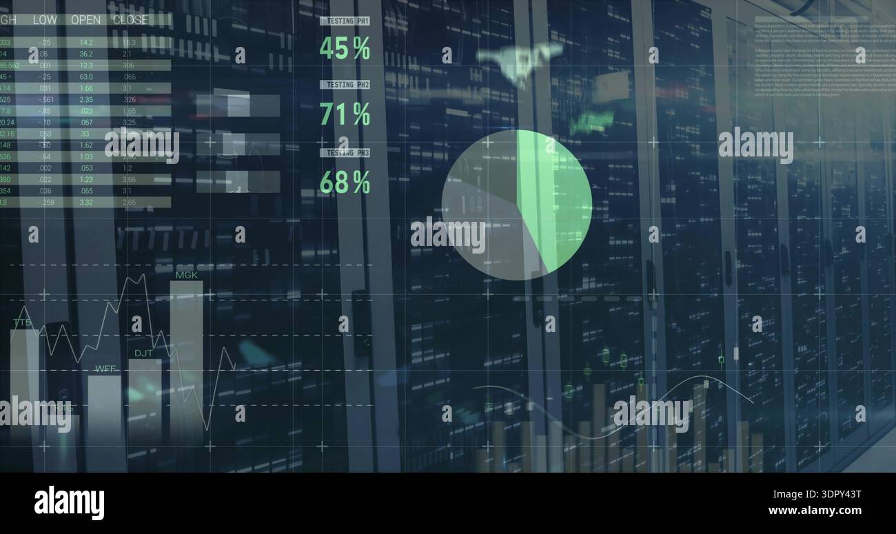 Displaying server racks in data center behind glass, projecting analytics overlays with pie chart Stock Photo