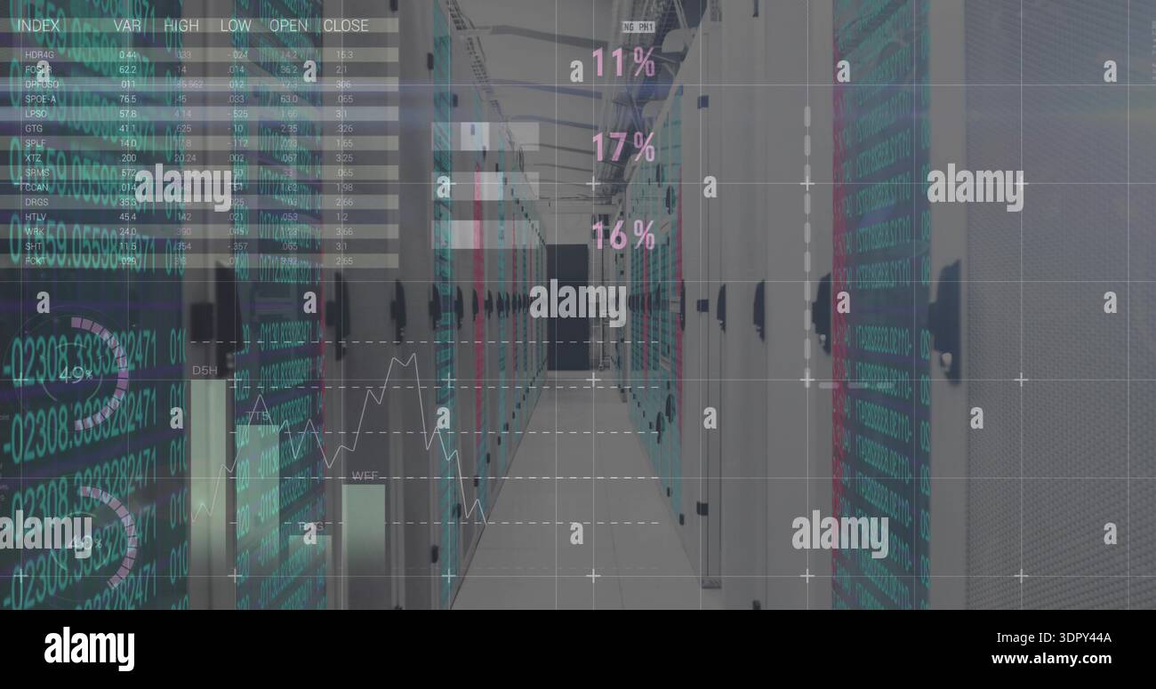 Showing server rack aisle in data center displaying LEDs, analytics, cables and handles Stock Photo