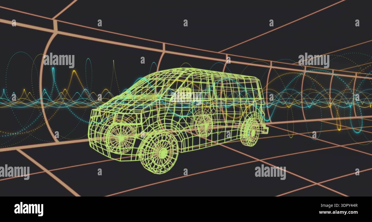 Displaying neon wireframe van rotating in virtual 3D tunnel, with orange grid and waveforms Stock Photo