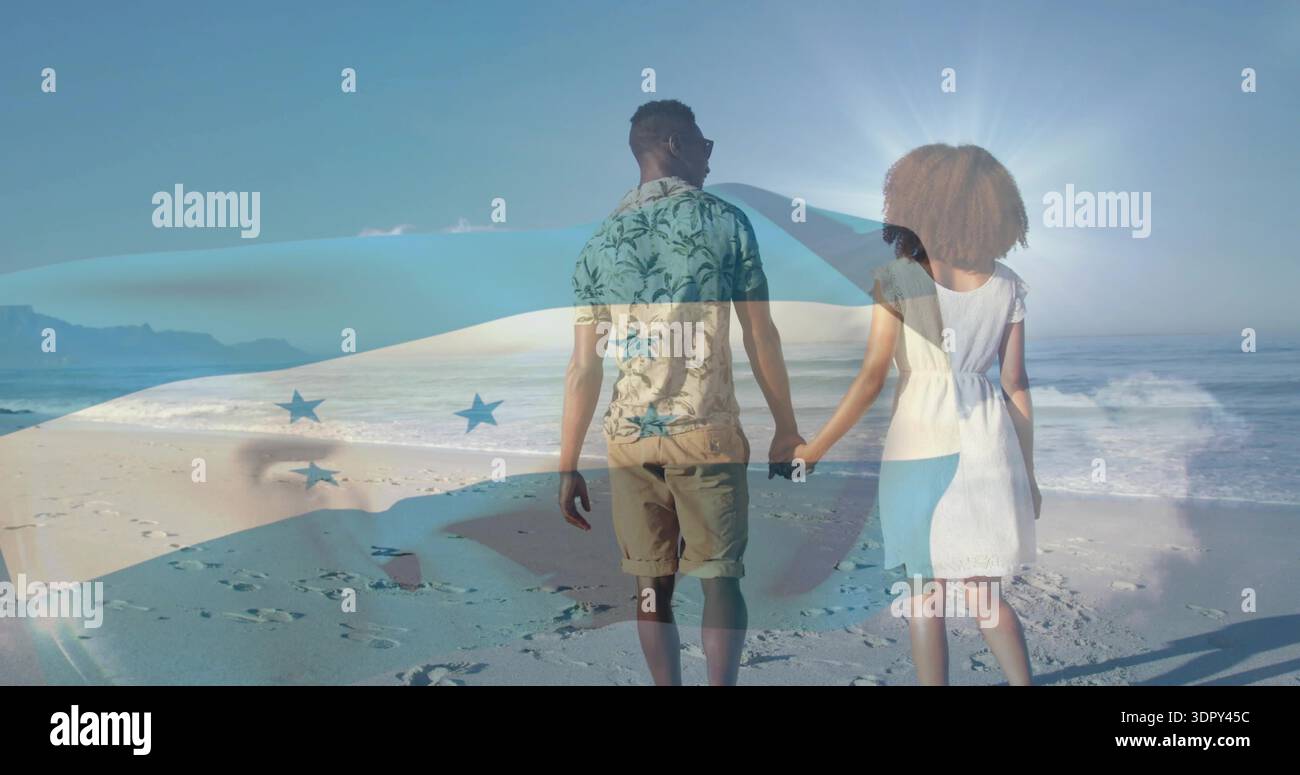 Walking floral-shirt man with shades and white-dress woman holding hands  toward shore, flag overlay Stock Photo - Alamy