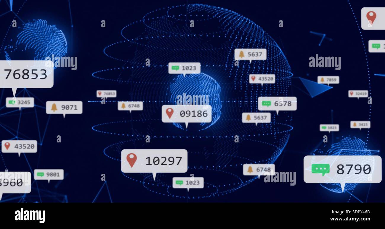 Displaying central dotted globe at virtual dashboard, projecting numeric callouts and network lines Stock Photo