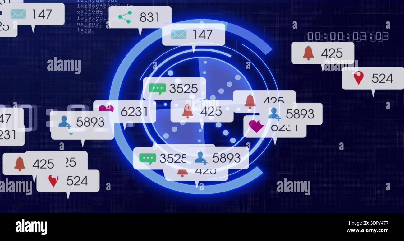 Displaying central blue concentric HUD on dark navy grid dashboard, revealing notification callouts Stock Photo