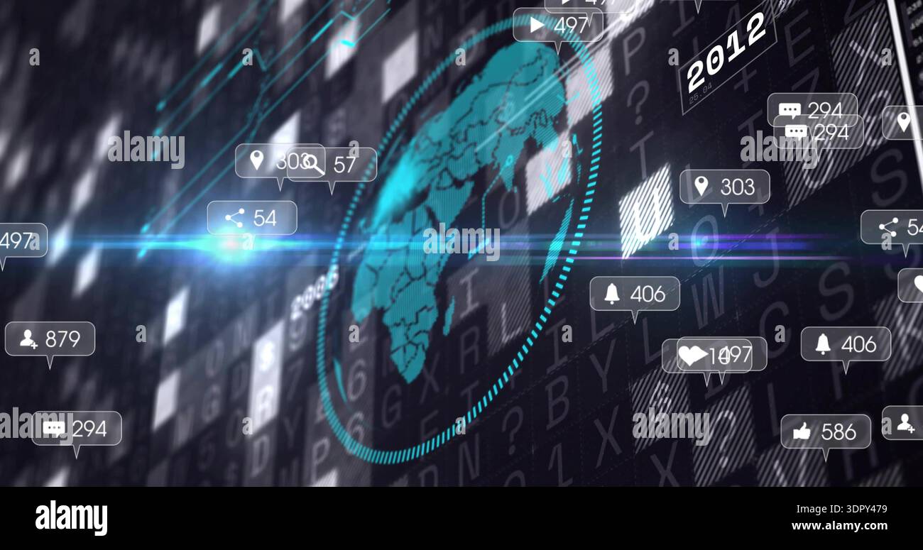 Rotating teal globe displaying floating notification bubbles and numeric badges over virtual grid Stock Photo