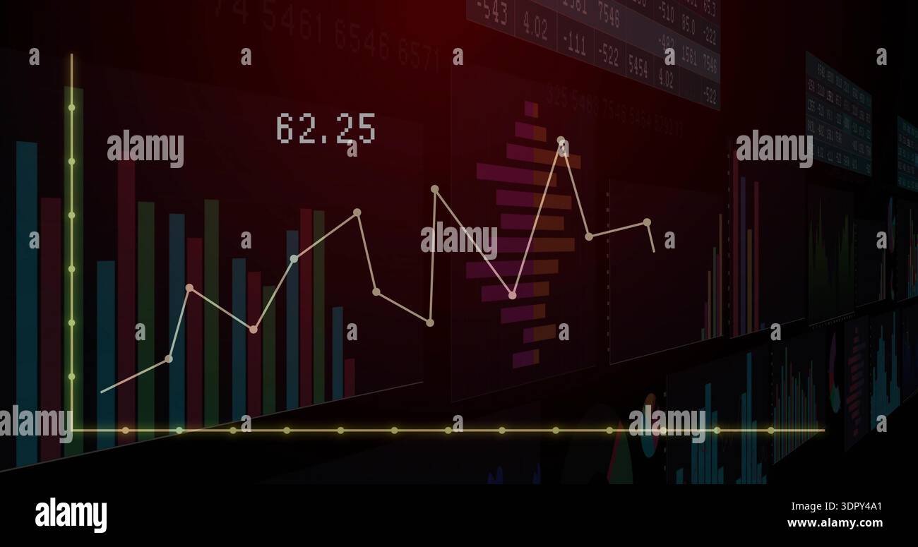 Displaying data visualization dashboard in dark control room, with glowing baseline readout 62 Stock Photo