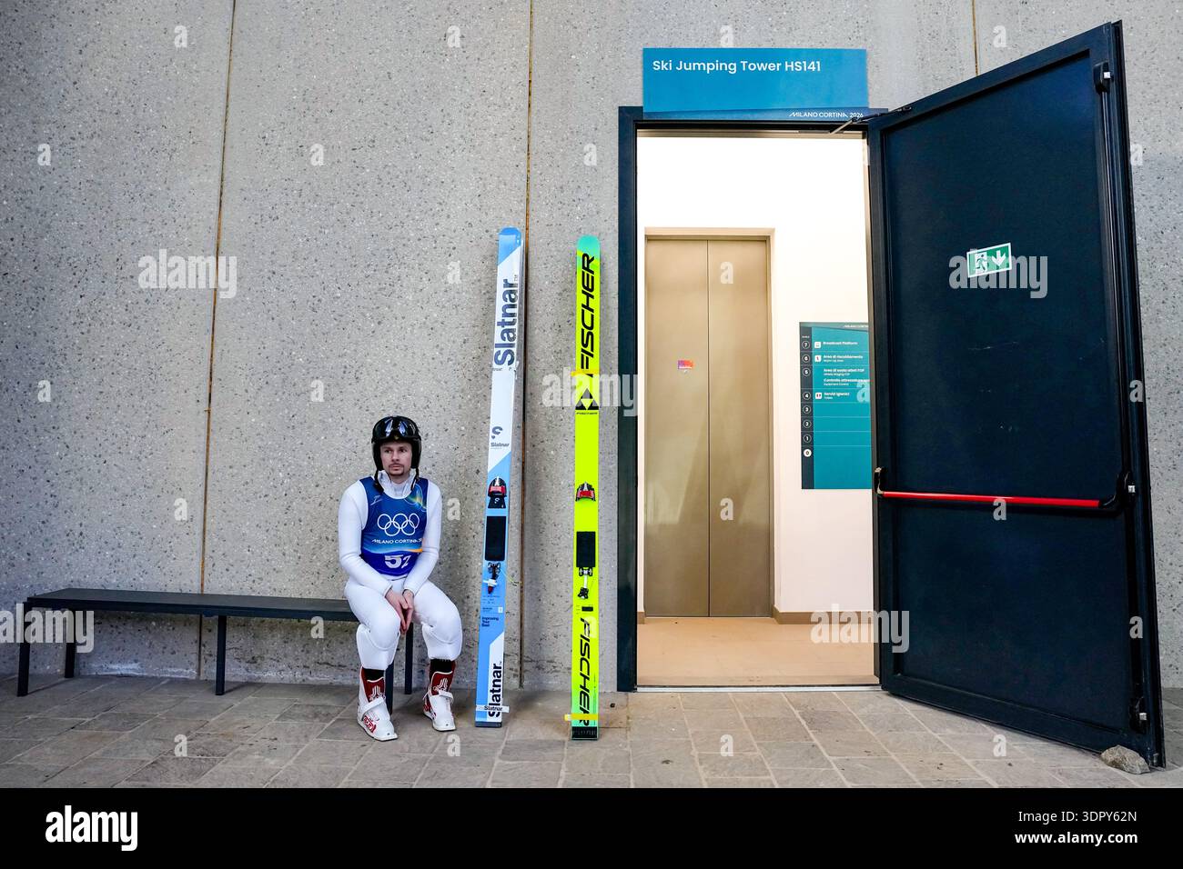 Vitaliy Kalinichenko, of Ukraine, waits for the lift to the top of the ...