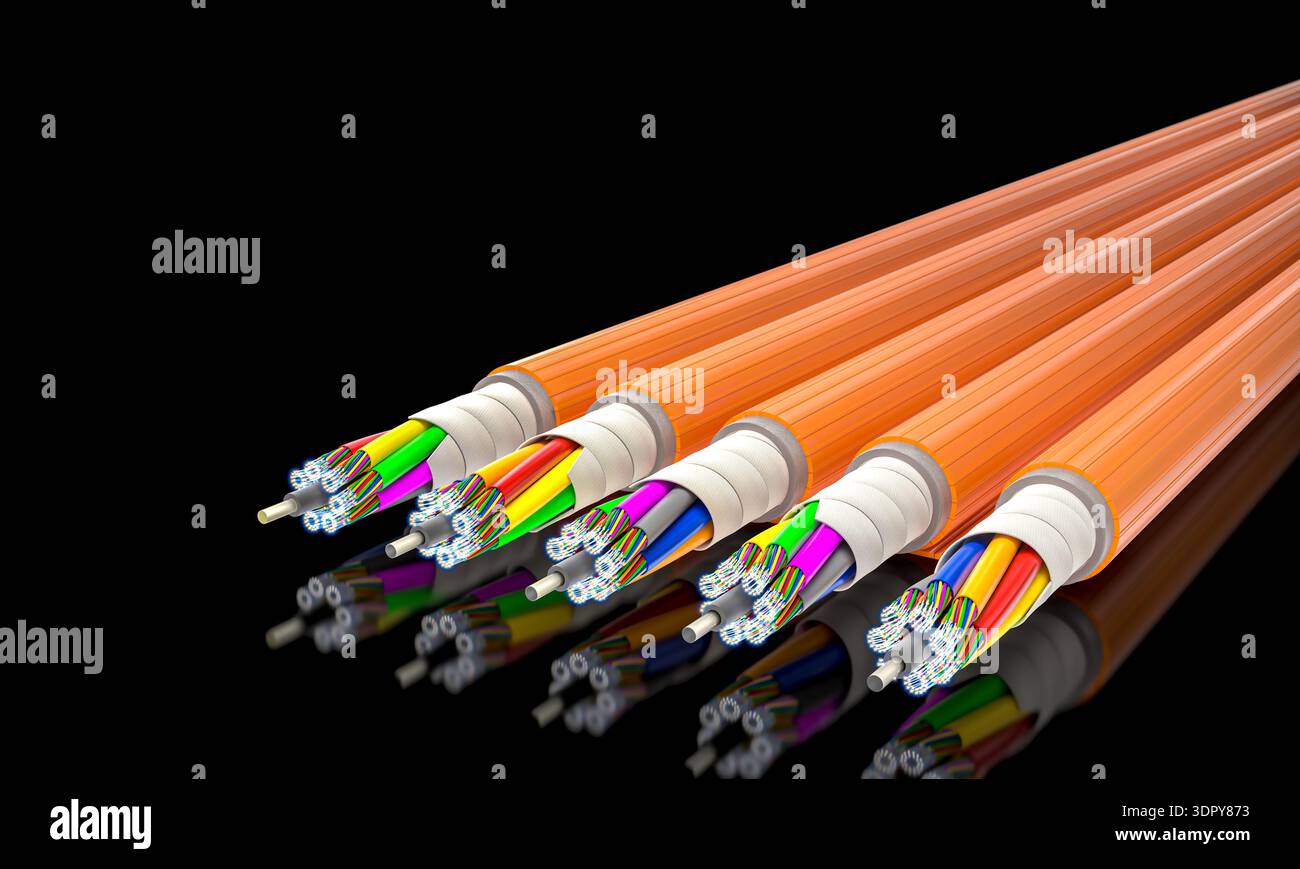 3d Fiber optic cables on black Stock Photo