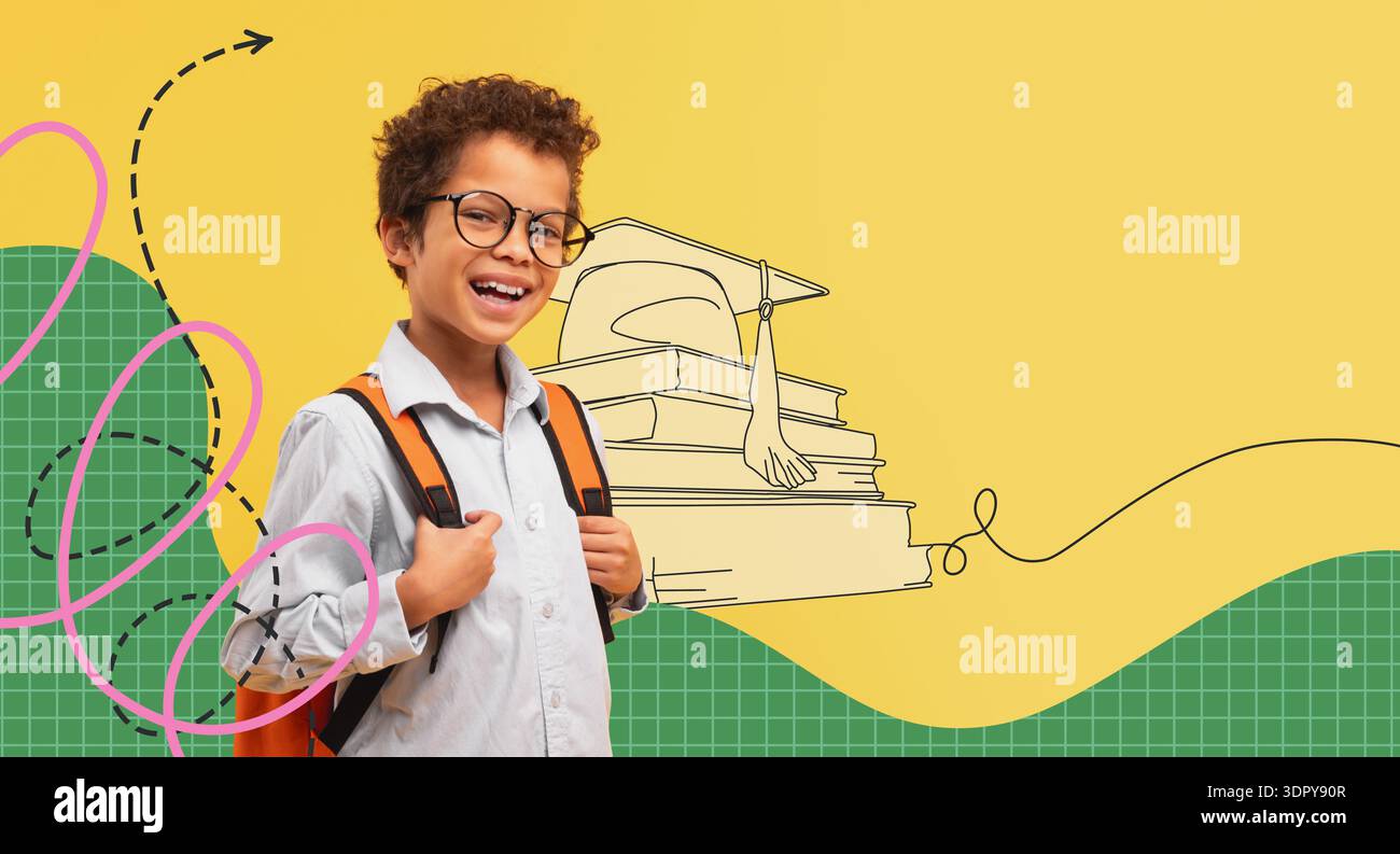 Happy Schoolboy Smiles With Backpack on Sunny Yellow Backdrop at School Stock Photo