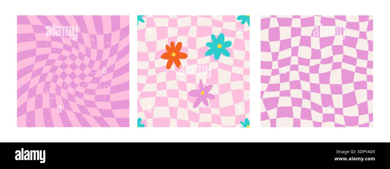 Groovy checkerboard, daisy, flower print set. Stock Vector