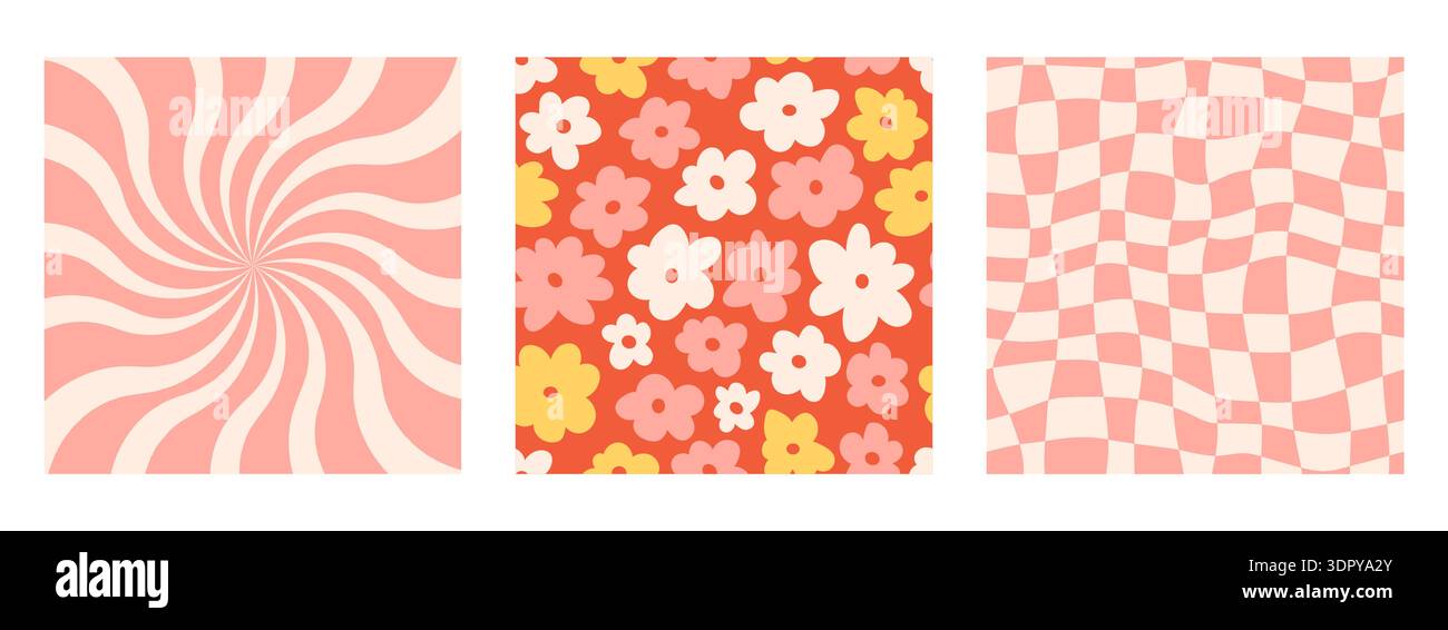 Groovy checkerboard, daisy, flower print set.  Stock Vector