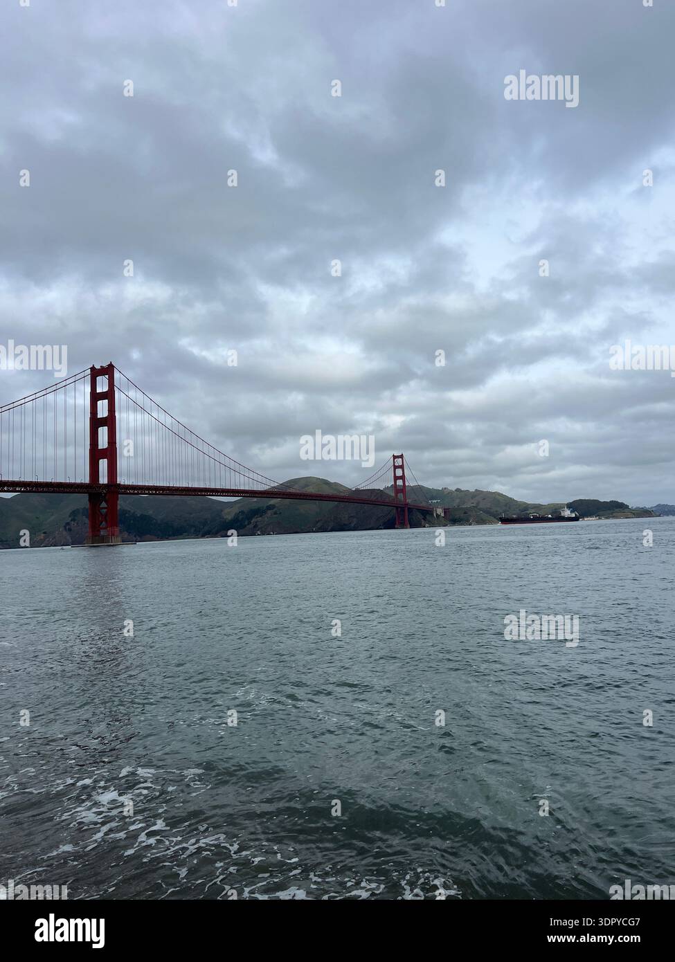 Vertical landscape photograph of the Golden Gate Bridge spanning San Francisco Bay, viewed from water level near Crissy Field in the Presidio, San Fra - Smartphone Captured Stock Image