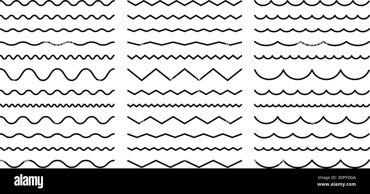 Squiggly stroke collection with curvy waveform graphics. Wiggle patterns, corrugated borders, and undulating elements for creative design projects and layouts. Stock Vector