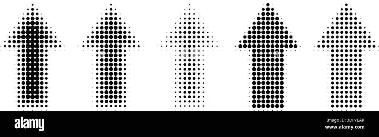 Directional arrow set with halftone patterns and gradient dots. Vector icons for navigation, featuring circular gradation effects and dynamic graphic elements. Stock Vector
