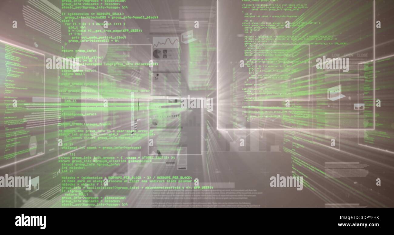 Displaying green monospaced code blocks and translucent panels in virtual space, radial blur Stock Photo