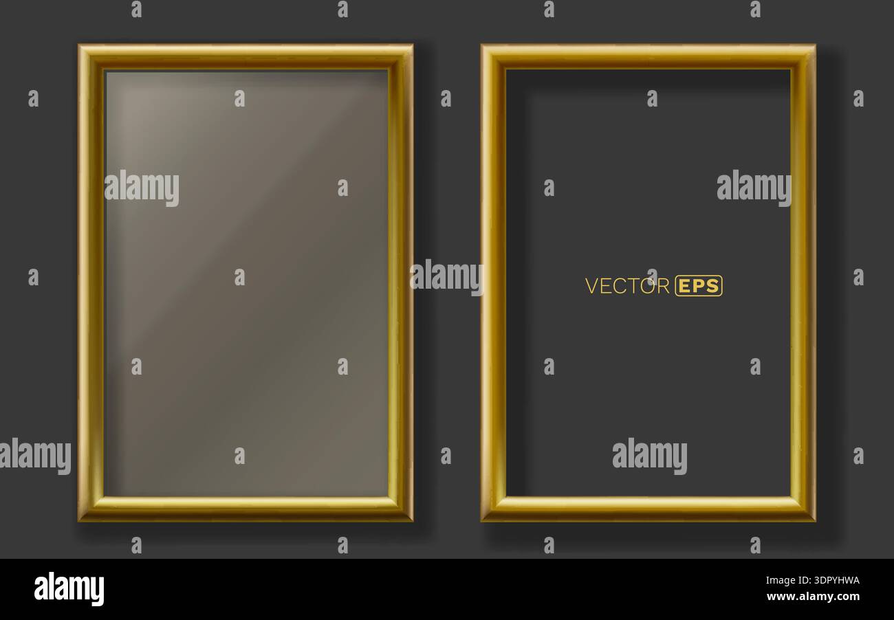 Realistic golden frames set on dark background. Elegant design elements for your projects. Vector illustration Stock Vector
