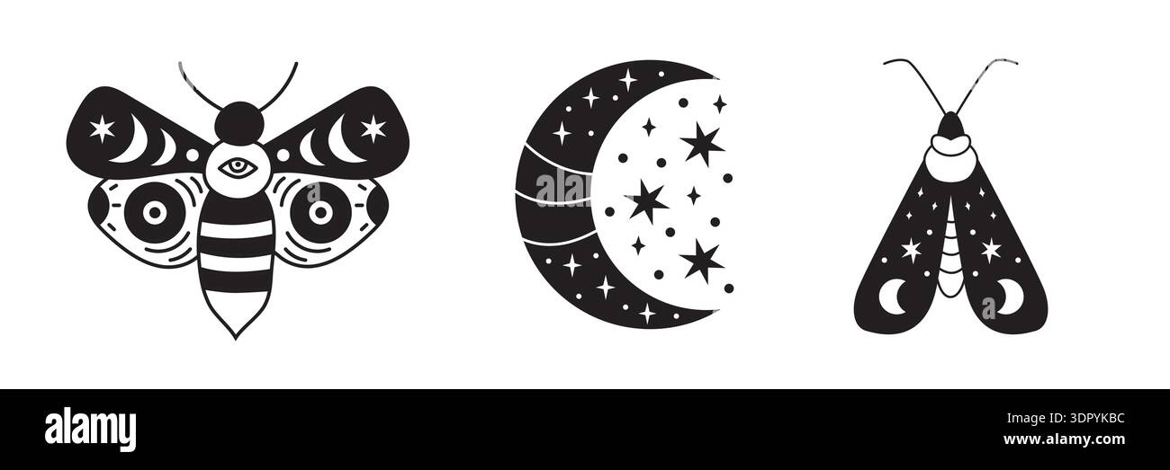 Celestial moon and moth with mystic stars and boho symbols. Vector ...