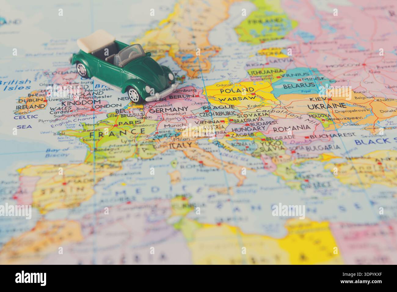 Model Car on a Map of Europe Showing Various Countries and Locations ...