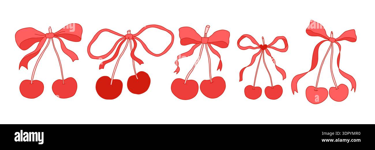 Set of hand drawn ribbon bows with cherries in coquette style. Cute feminine decorative elements for digital design, scrapbooking, planners, invitations, packaging, social media. Vector illustration Stock Vector