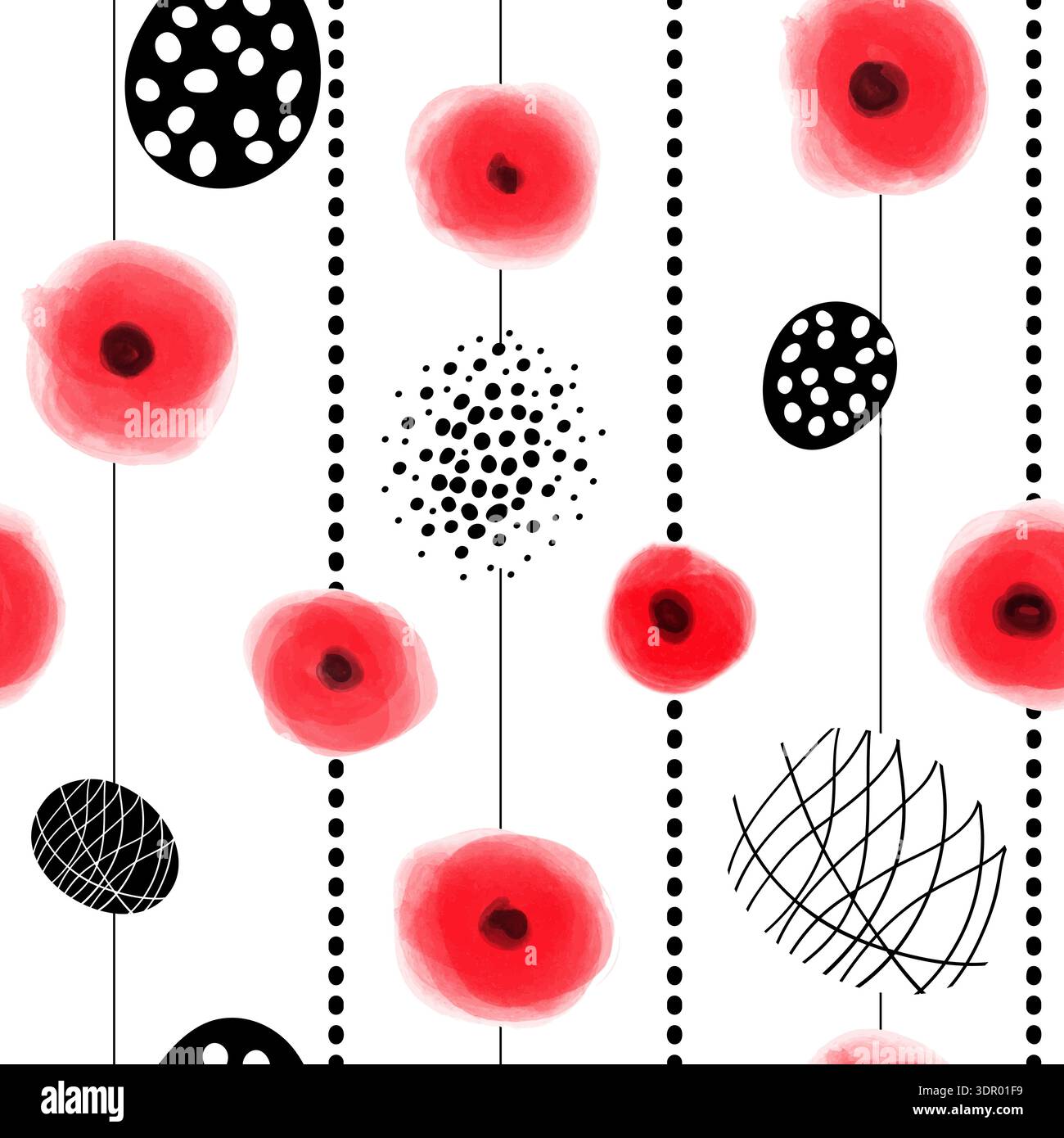 Seamless Vector Pattern with Red Poppies and Black Decorative Elements Stock Vector