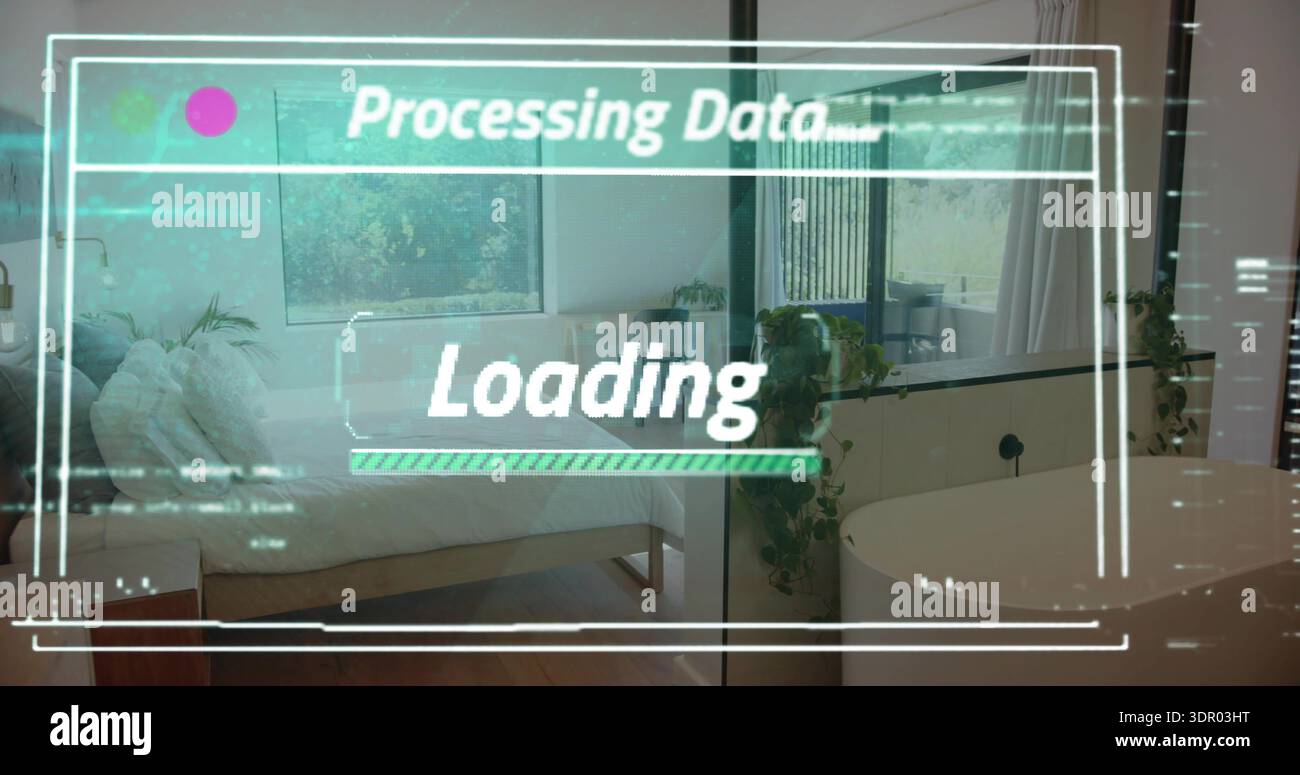Displaying AR HUD overlay covering modern apartment interior, showing Processing Data Loading bar Stock Photo