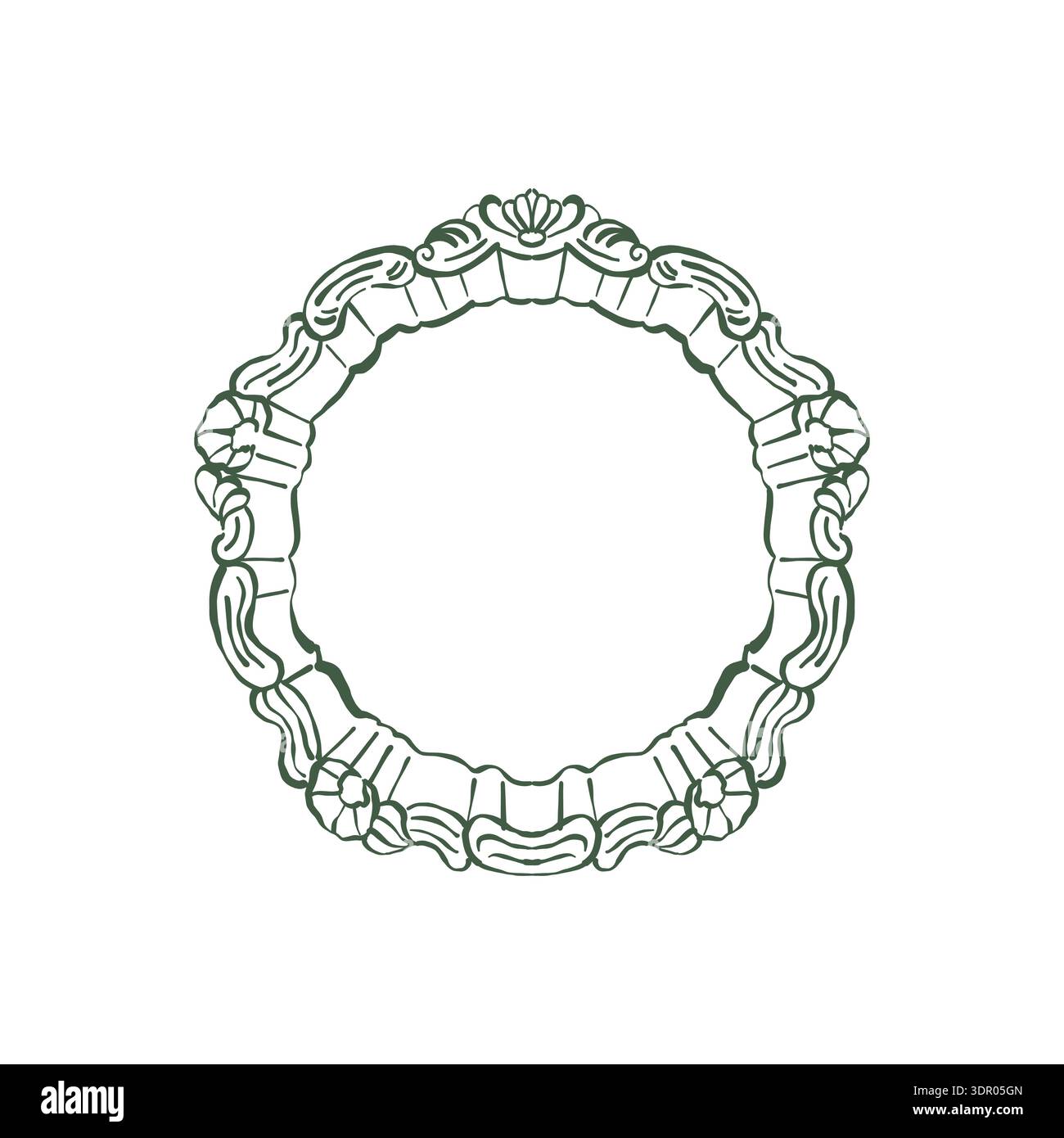 Vintage antique plate. Antique element of festive table setting. Top view of a retro plate. Hand-drawn vector outline illustration in green. Stock Vector