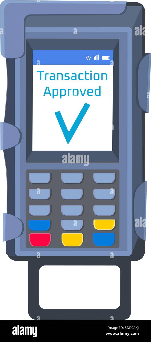 Compact electronic payment device with color-coded buttons and digital display showing approved transaction. Stock Vector