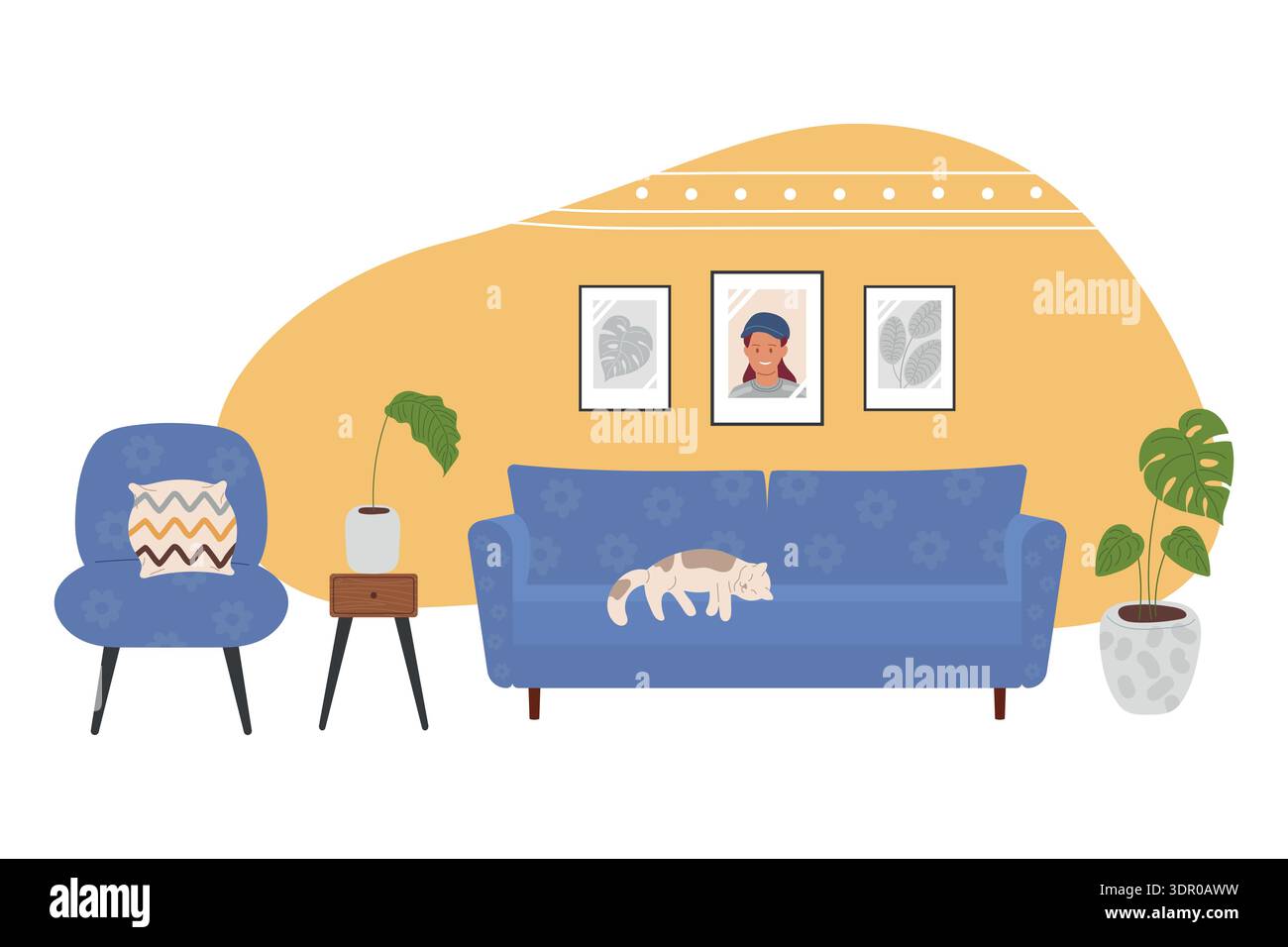 Cozy retro style interior, soft furniture, houseplants, paintings on walls. Cat sleeps comfortably on sofa. Vector illustration. Stock Vector