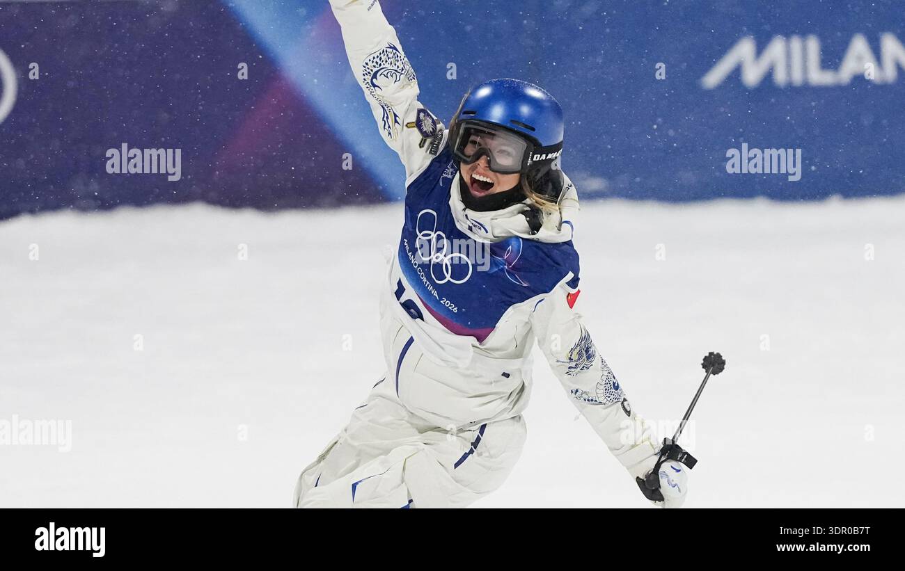 China's Eileen Gu celebrates during the women's freestyle skiing big ...