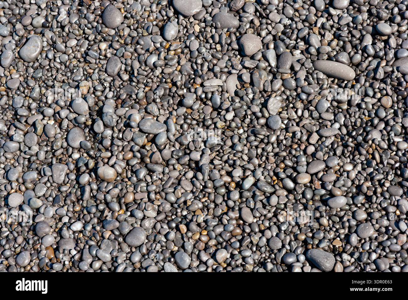 Smooth, rounded gray pebbles blanket the shoreline, formed from basalt ...