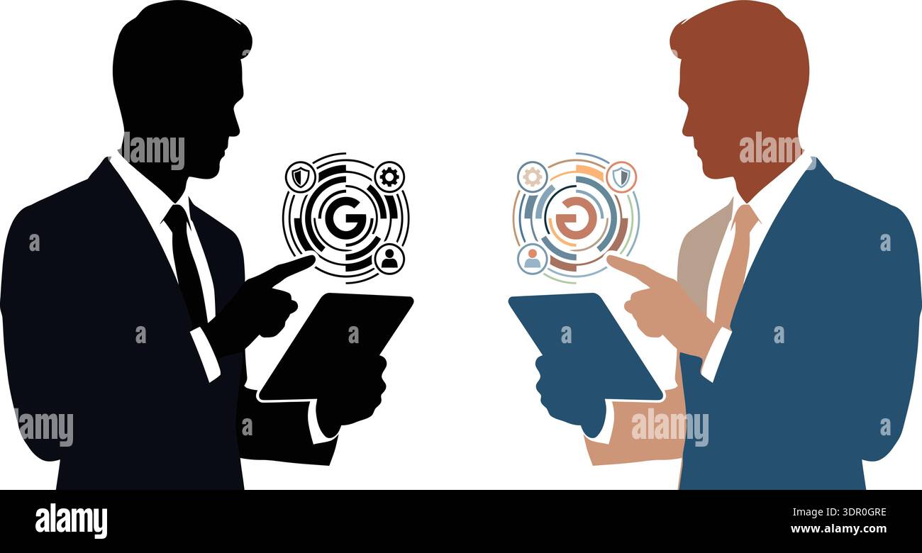 Business Professionals Using Digital Technology Interface and Data Analytics Concept Illustration Stock Vector