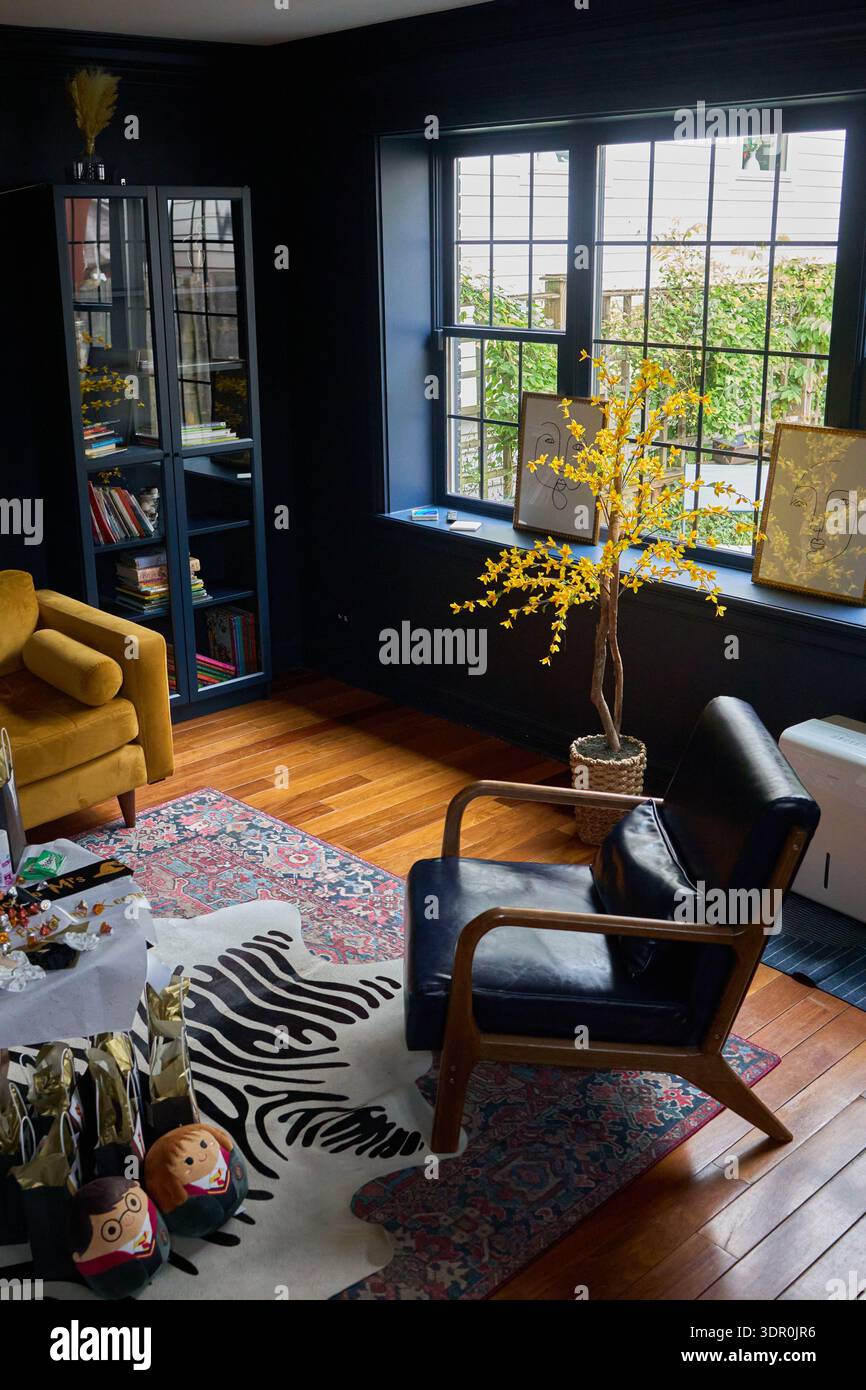 Moody interior with blue walls Stock Photo