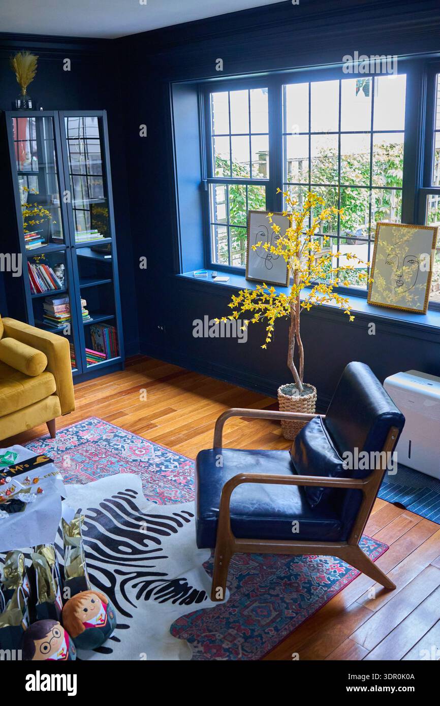Moody interior with blue walls Stock Photo