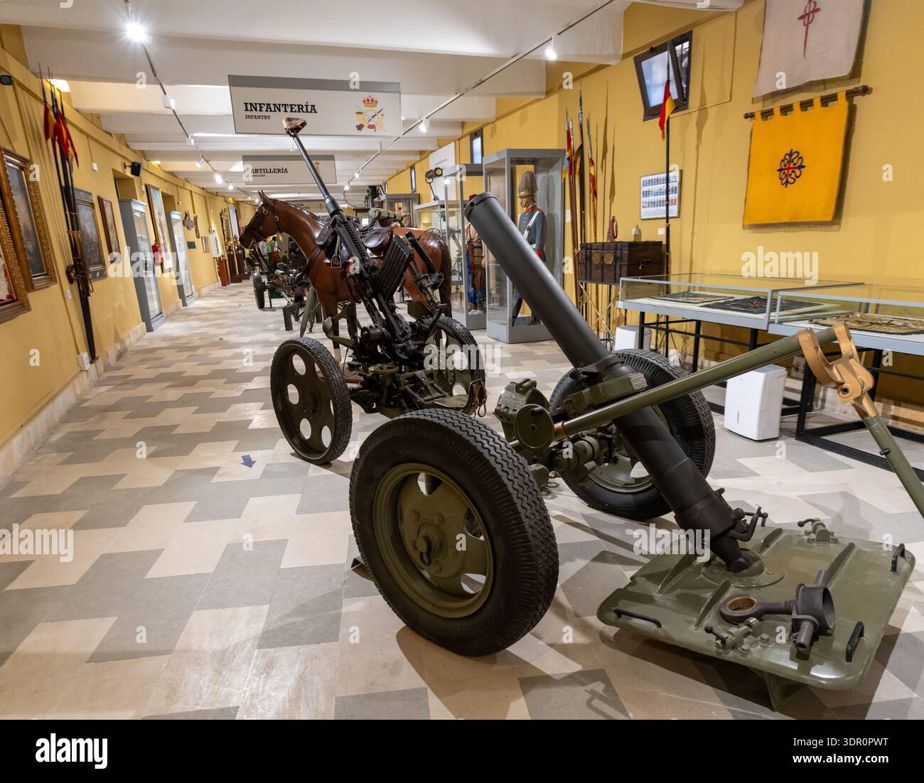 Sevilla, Spain - 4 Sep 23: Wide view down an infantry gallery with ...