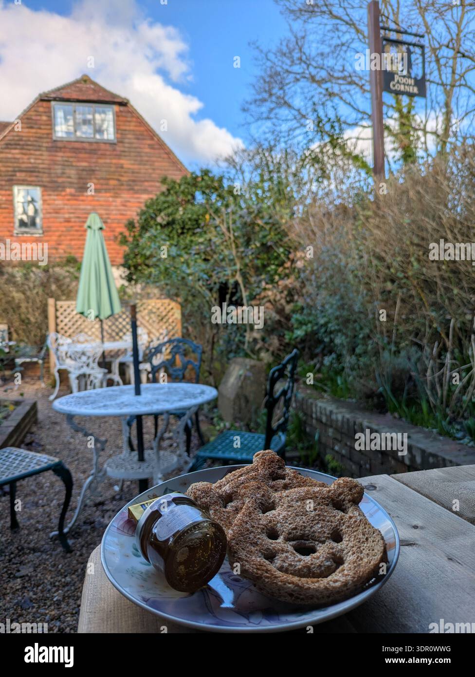Teddy Toast at the House at Pooh Corner, Ashdown Forest, Hartfield, East Sussex - Smartphone Captured Stock Image