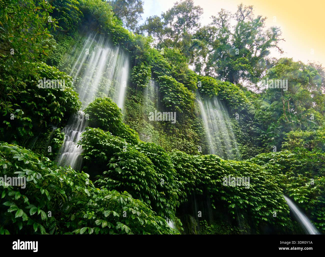Air Terjun Benang Stokel waterfall, Lombok, Indonesia — thin streams cascade over mossy cliff in lush tropical rainforest, dense green vegetation, mis Stock Photo